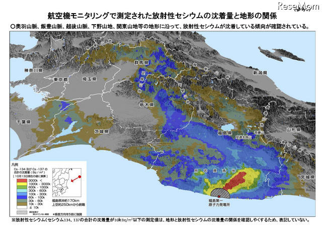 航空機モニタリングで測定された放射性セシウムの沈着量と地形の関係