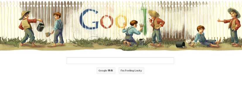 少年たちが柵に「Google」と描き込もうとしている今日のGoogleロゴ