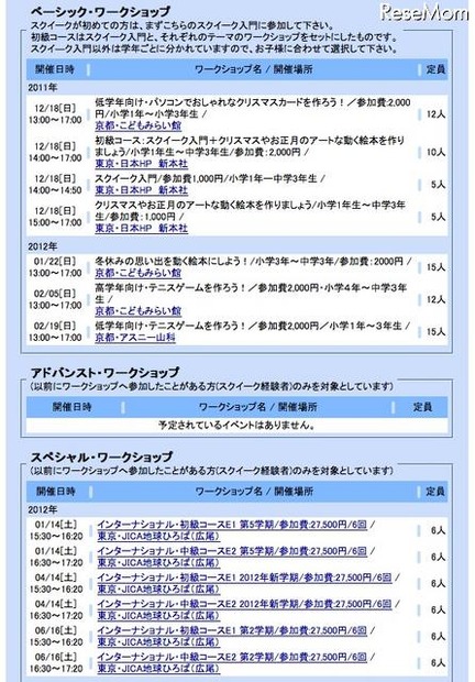 ワークショップ開催スケジュール