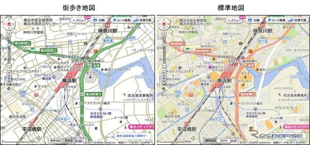 「いつもNAVI（web）」街歩き地図は、地図の下地色を白にすることで、モノクロ印刷でも見やすく表示。