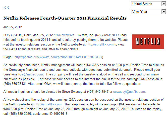 決算を発表するNetflixのウェブページ。