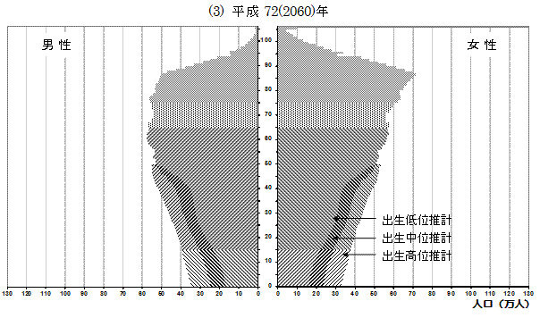 予想される2060年の人口ピラミッド（死亡率中位仮定）