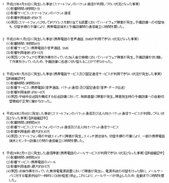 KDDI関連の事故の概要（2011年4月以降）