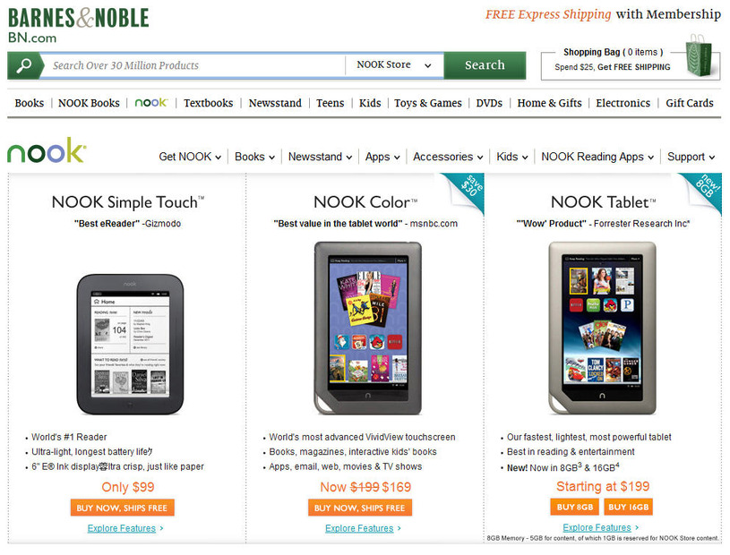 Barnes & Nobleのウェブサイトで販売されているNOOK Tablet