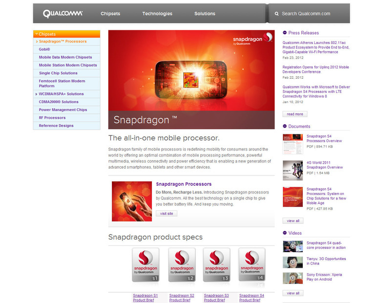 クアルコム公式サイトのSnapdragonページ