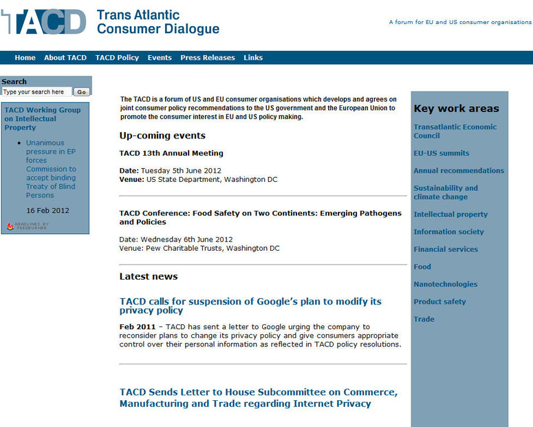 Trans Atlantic Consumer Dialogue (TACD)のウェブサイト