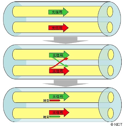 マルチコアファイバでの信号の干渉（クロストーク）のイメージ図