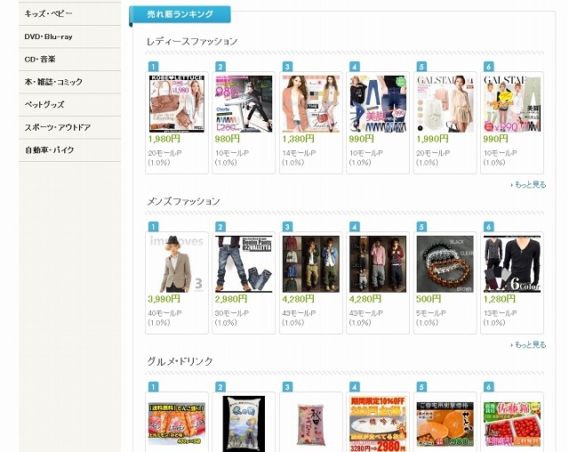 「mixiモール」PCサイトでは売れ筋ランキングなどがチェックできる