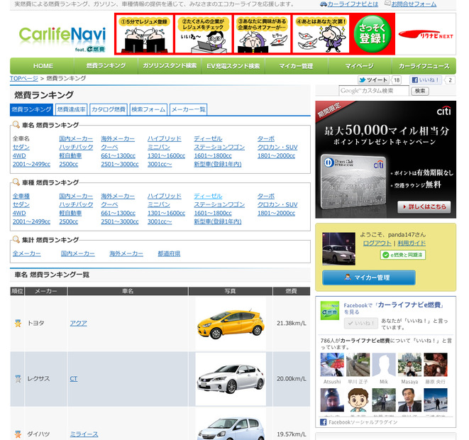 現在の最新燃費ランキング