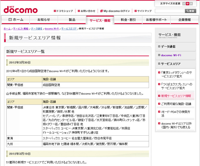 docomo Wi-Fi 新規サービスエリア情報