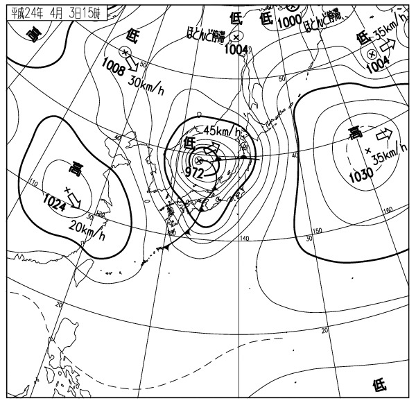 3日15時現在の天気図（気象庁発表）