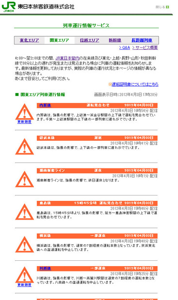 JR東日本 列車運行状況（3日、17:20分現在）