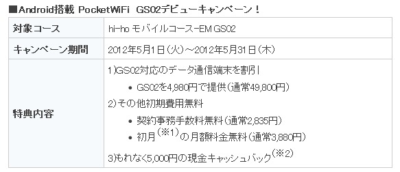 イー・モバイルG4対応コースの「ndroid搭載 PocketWiFi　GS02デビューキャンペーン」