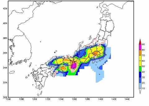 明日、15時～18時の発雷確率