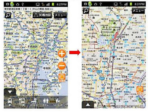 地図マピオン＋3D ボタンなどの非表示設定で地図画面がより広く