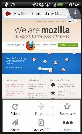 新しいAndroid版Firefox（英語版）のメニュー部分