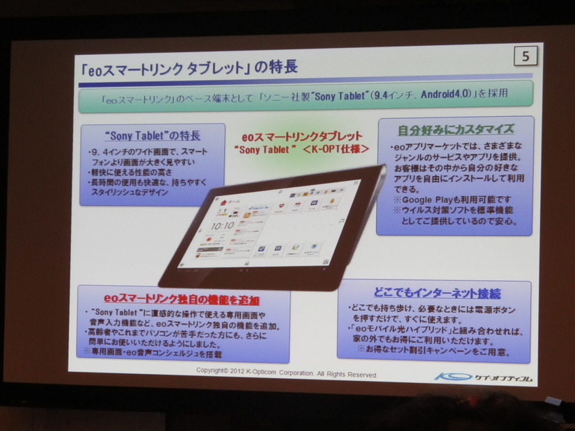 eoスマートリンクタブレットの特徴。ソニー製だが、専用画面、音声入力など独自機能も追加