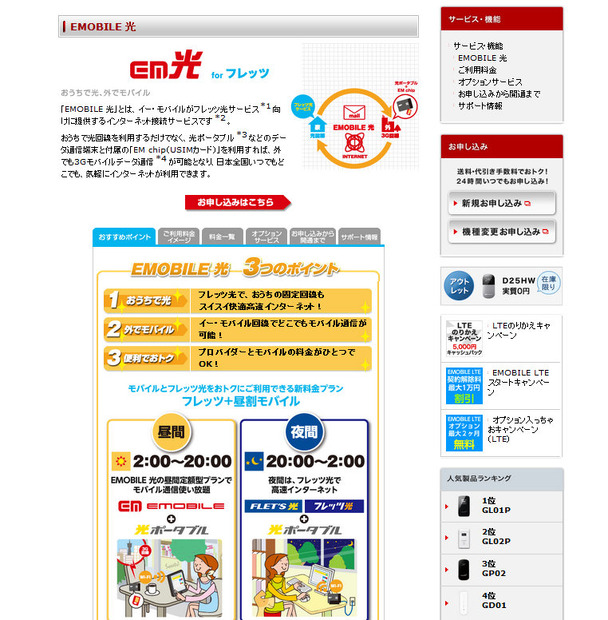 「EMOBILE 光」のサービスページ