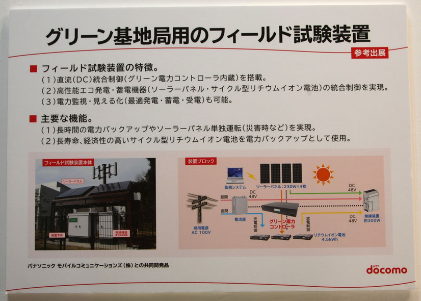 先進的なグリーン基地局用フィールド試験装置の構成。ソーラーパネル、リチウムイオン電池で駆動させる