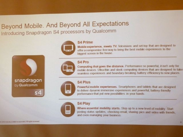 Snapdragon S4シリーズを4カテゴリに細分化。タブレット向けの「S4 Pro」、テレビ向けの「S4 Prime」などを用意