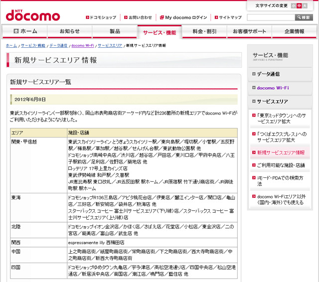 docomo Wi-Fi 新規サービスエリア情報