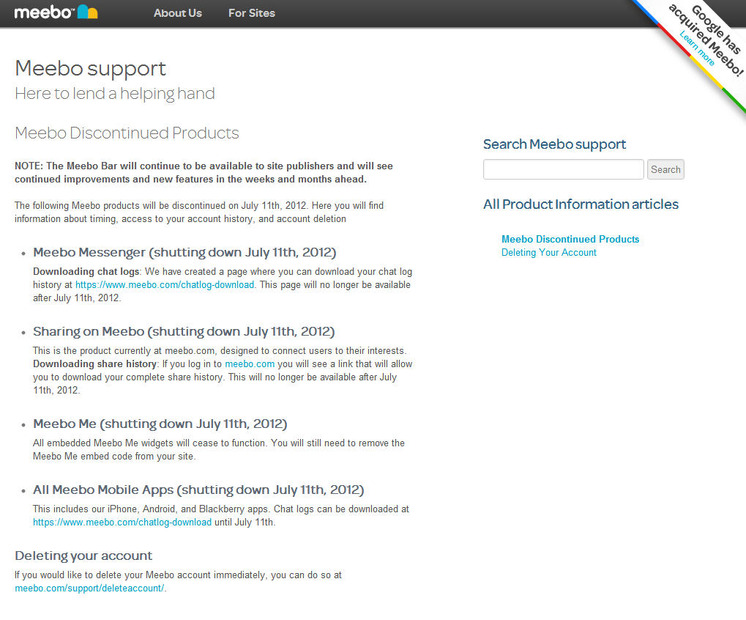 サービス終了を伝えるMeeboのサポートページ