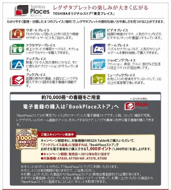 「Book Place」ではREGZA Tablet向けキャンペーンも実施中
