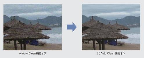 図3 Auto Clean機能の効果：再構成形超解像技術を構造適応型ノイズ低減と組み合わせることで、ノイズを低減するとともに、本来の絵柄の鮮鋭度を向上させています。