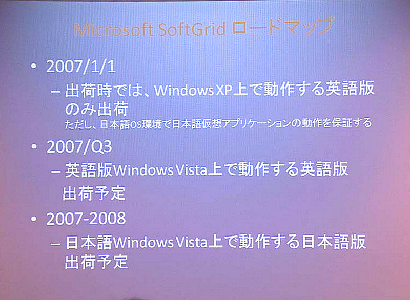 SoftGridのロードマップ。2007年1月の出荷時にはWindows XPで動作する英語版のみだが、2007年〜2008年にかけてはVistaにも対応した日本語版をリリースする予定