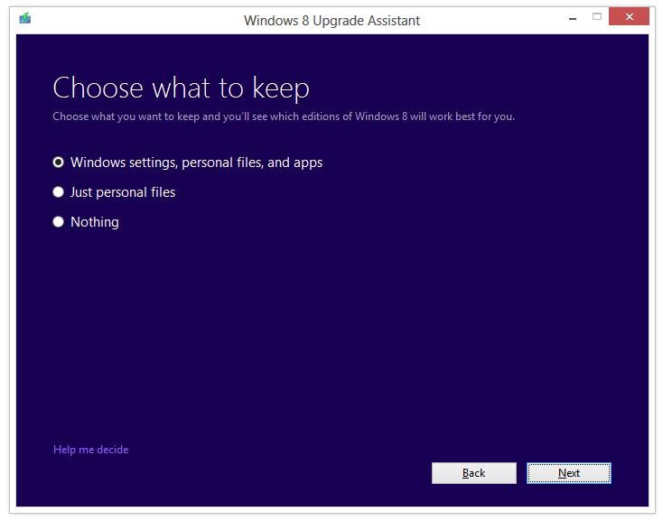 Windows 8 Upgrade Assistantによるアップグレードの操作画面