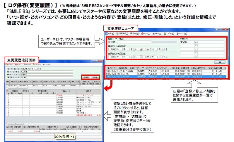 内部統制機能の一例。SMILE BSでは、必要に応じてマスターや伝票などの詳細な変更履歴を残せる。変更管理機能は抑止力にもつながる