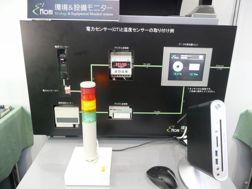 電力センサーと温度センサーの取り付け事例。正面の右側が専用PC、左側が警報灯。