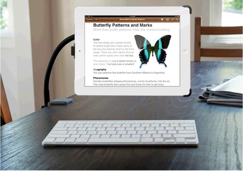 iPadをデスクに取り付けBluetoothキーボードと併用するイメージ（iPad・Bluetoothキーボードは別売）