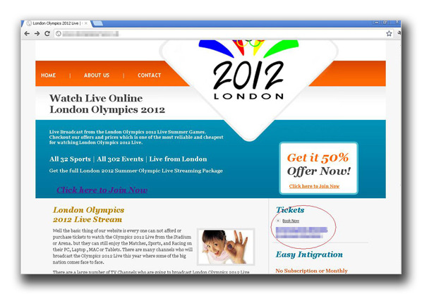 ロンドンオリンピック2012の生放送が観れると装う偽サイト