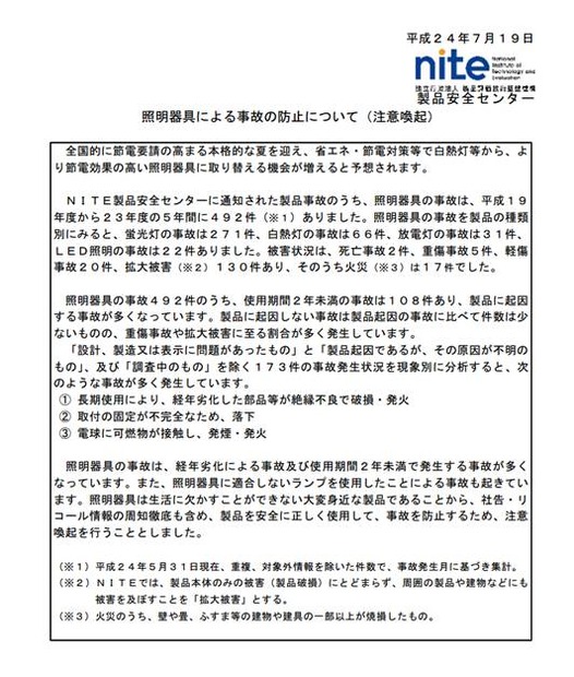 NITE 照明器具による事故の注意喚起