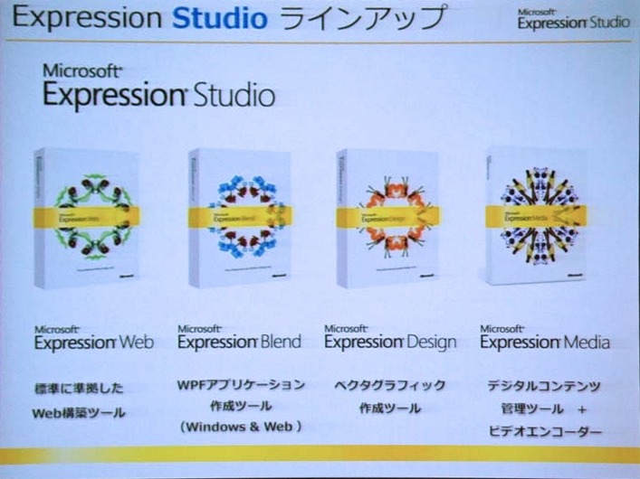 　マイクロソフトは17日、Webデザインのスイート製品「Microsoft Expression Studio」を発表した。「Microsoft Expression Web」、同「Blend」、同「Design」、同「Media」の4製品から構成される。Designを除く3製品はそれぞれ単独での発売も予定されている。