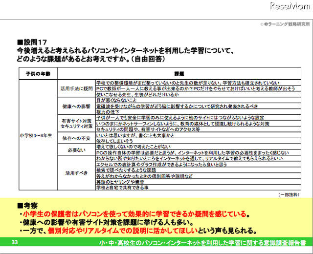 設問17：今後増えると考えられるパソコンやインターネットを利用した学習について、どのような課題があるとお考えですか