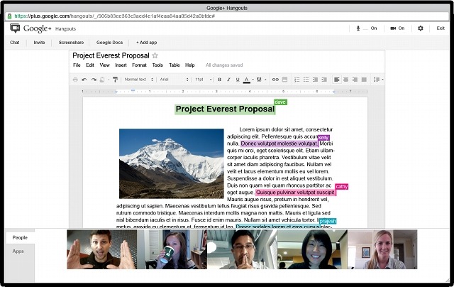 ハングアウトで会議しながら、同時にドキュメントを編集するといったことが可能