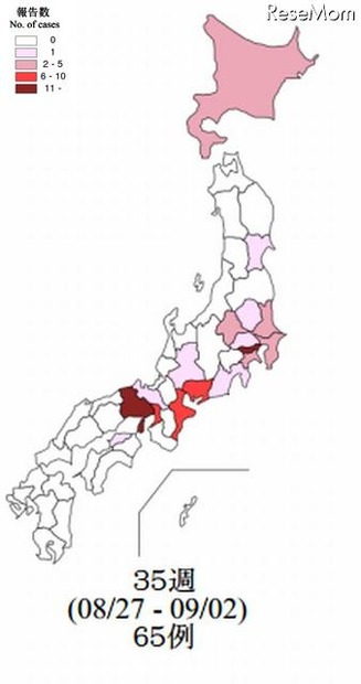 都道府県別風疹週別報告状況 2012年 第35週（n＝65）