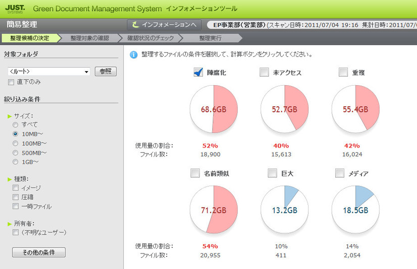 分析条件を設定でき、それら分析条件や絞込み条件に該当するファイルをまとめて表示することで、肥大化の原因を抽出