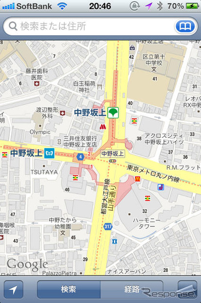 iOS 5までで採用されていたGoogle Mapsベースの地図アプリ。これまでのiPhoneでおなじみの地図だが、よく見るとバランスよく情報が掲載されている。