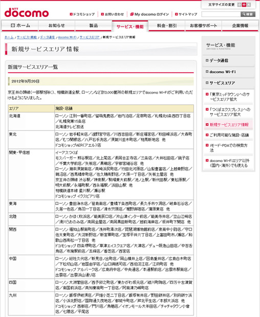 docomo Wi-Fi 新規サービスエリア情報