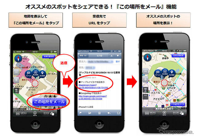 マップルナビS・「この場所をメール」機能