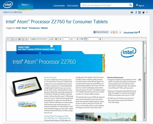 インテルAtomプロセッサ「Z2760」紹介ページ