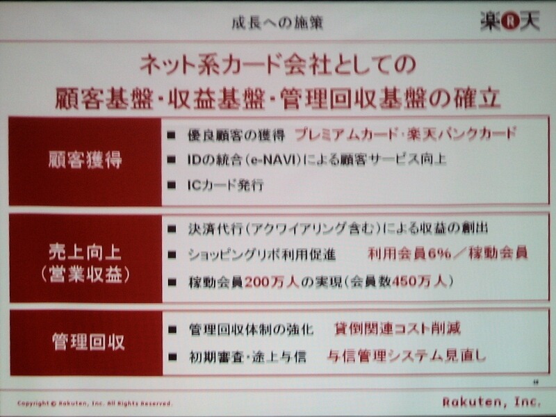 　楽天は15日、2006年通期および第4四半期決算説明会を開催した。2006年度通期の業績としては、全体の売上高は2,032億円（前年比＋56.6％）、EBITDA（税前利益に支払利息と減価償却費を加えた金額）は事業再構築を行った楽天KCの影響で390.8億円（−1.9％）の微減となった。