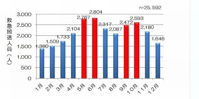 月別運動中の事故による救急搬送人員