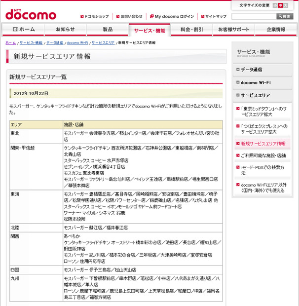 docomo Wi-Fi 新規サービスエリア情報