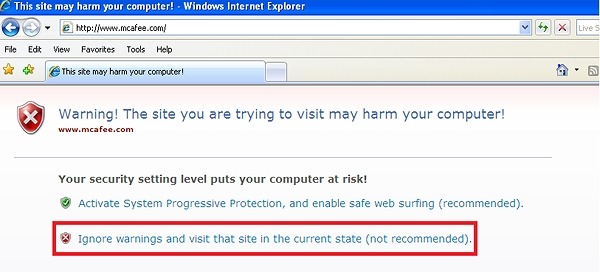マカフィーのサイトへのアクセスを危険だとして妨げようとする
