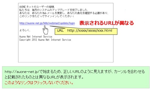 KDDIによる注意喚起（不審なメールの一例）