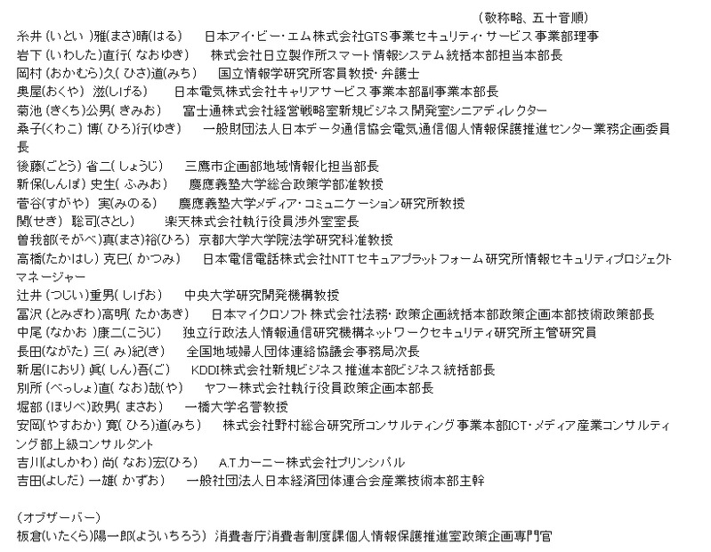 「パーソナルデータの利用・流通に関する研究会」構成員名簿